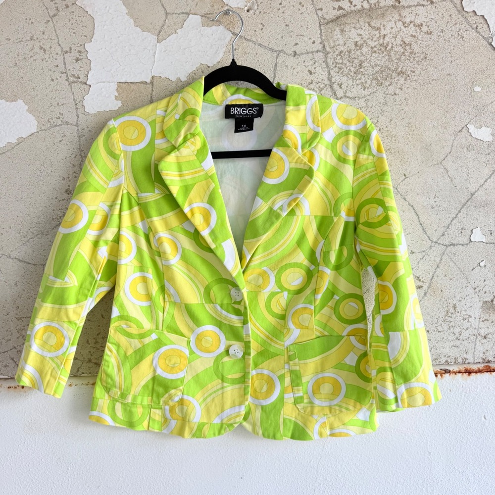 Y2K Blazer Briggs New York Geometric Swirl Yellow Green 60s Mod Jacket 10 Vtg